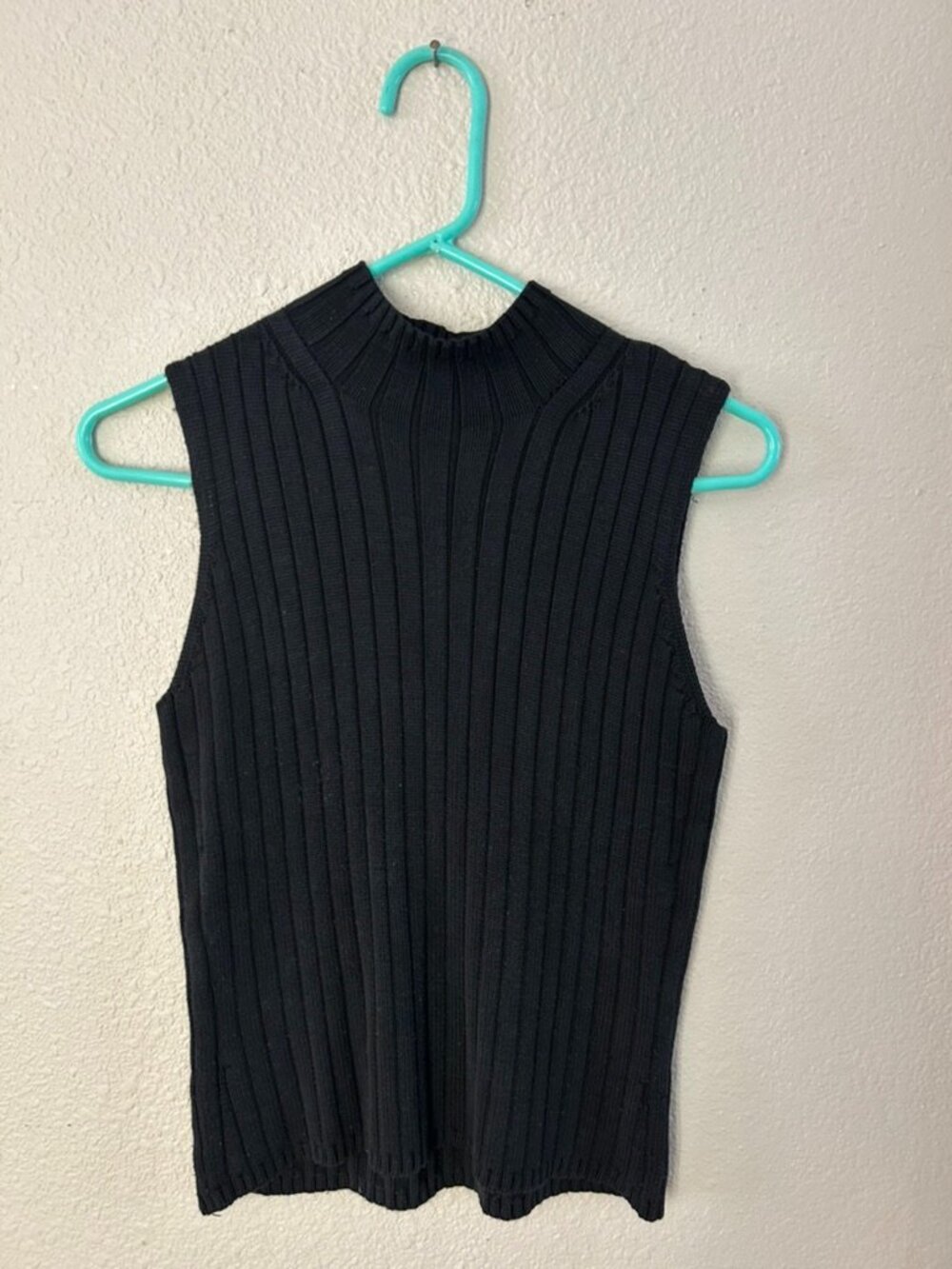 Talbots Black Sleeveless Ribbed Mock Neck Woven Silk Top